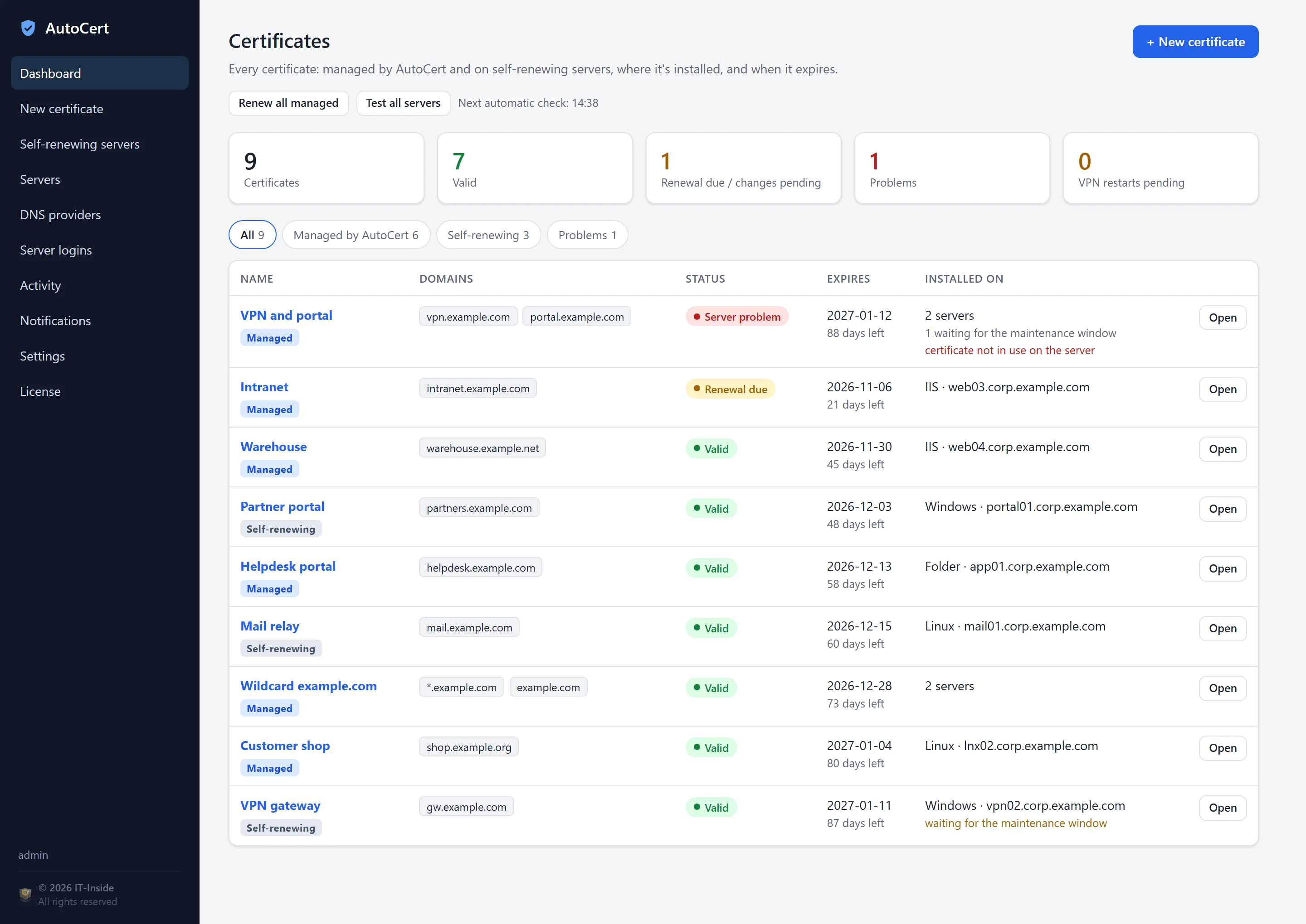 AutoCert dashboard listing nine certificates with their status, renewal dates and the servers they are installed on