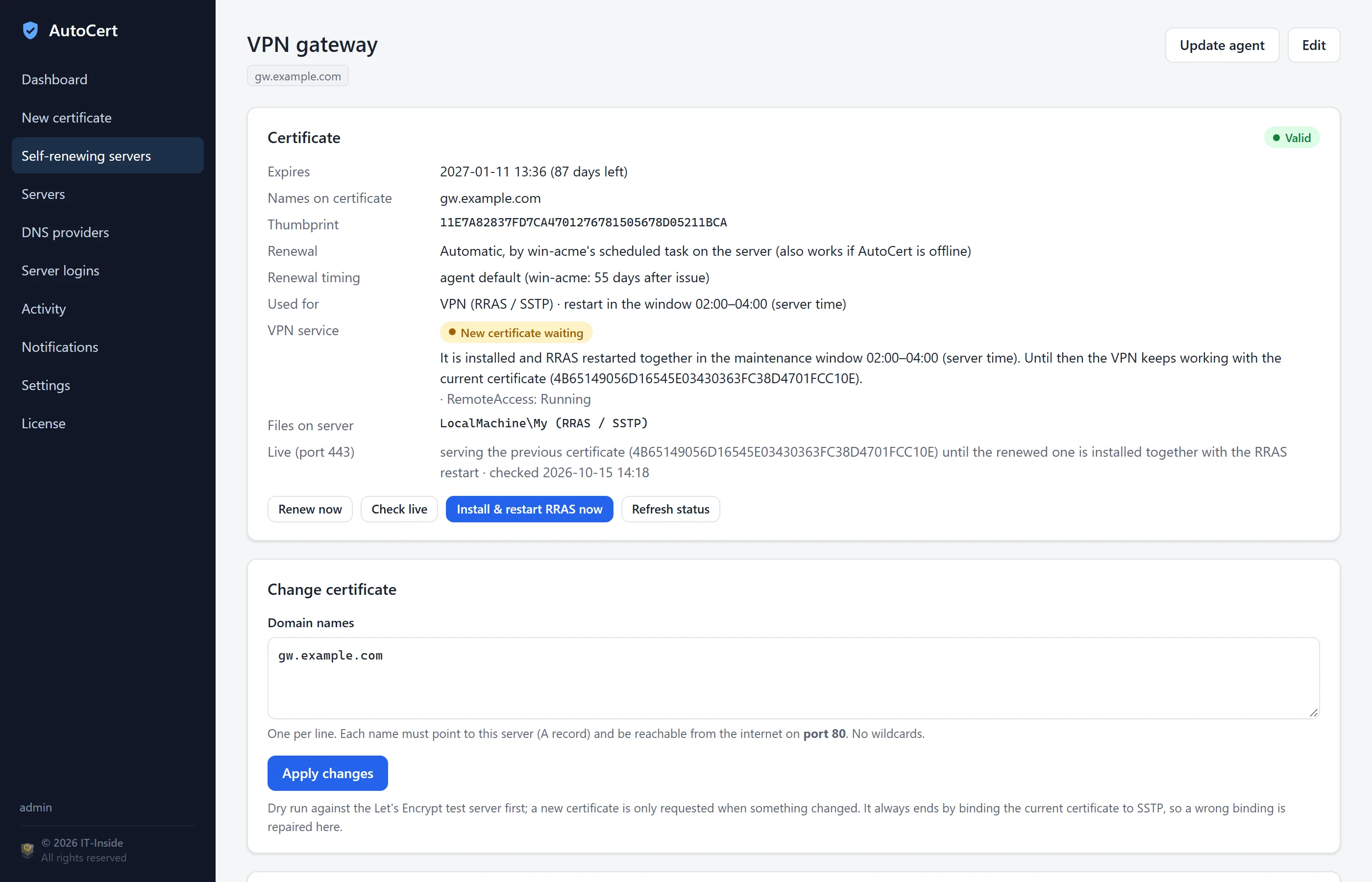 Self-renewing server page showing a new certificate waiting for the maintenance window