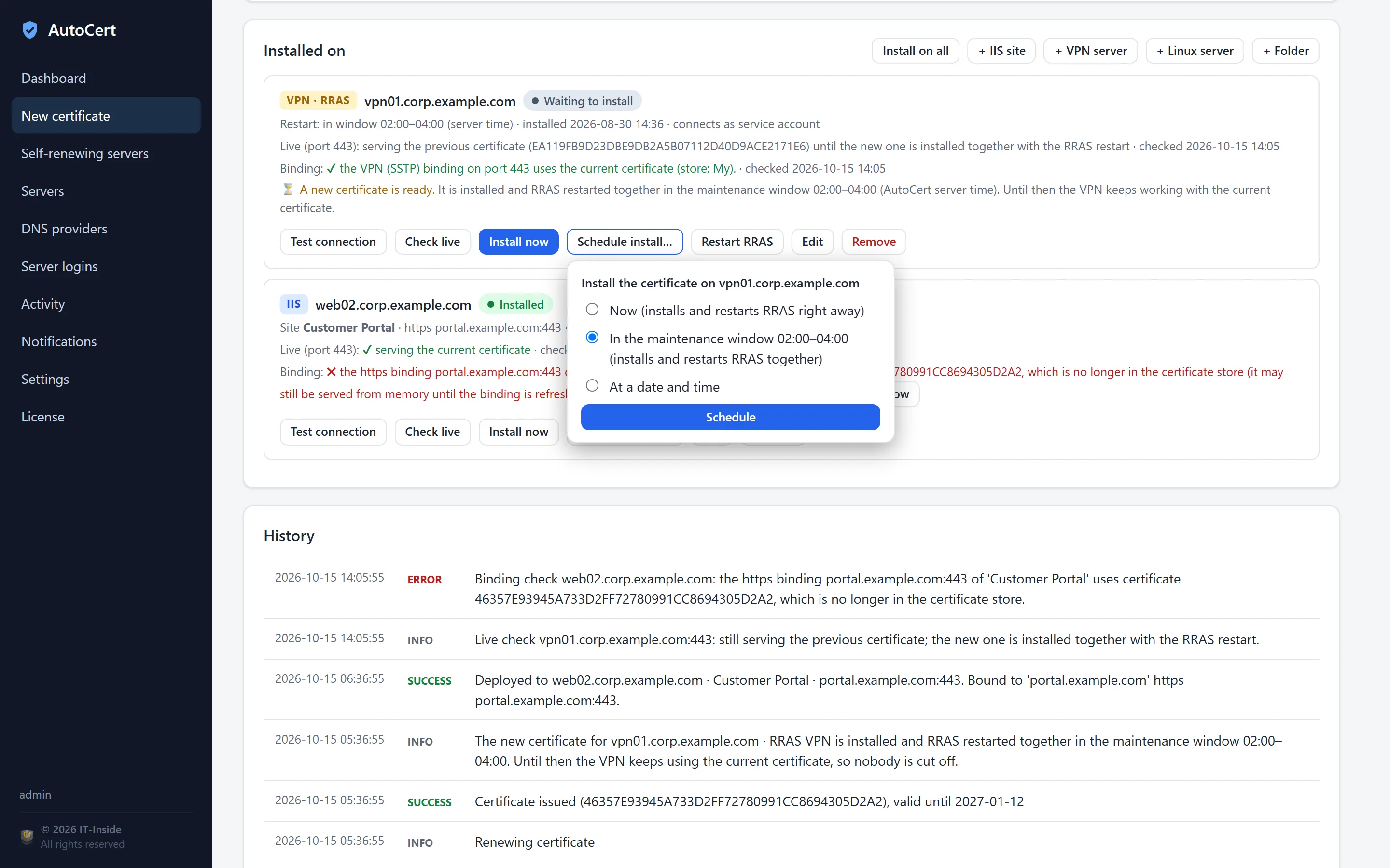 Certificate page with a VPN server waiting for its maintenance window, a binding error with a Fix button and the Schedule install popover