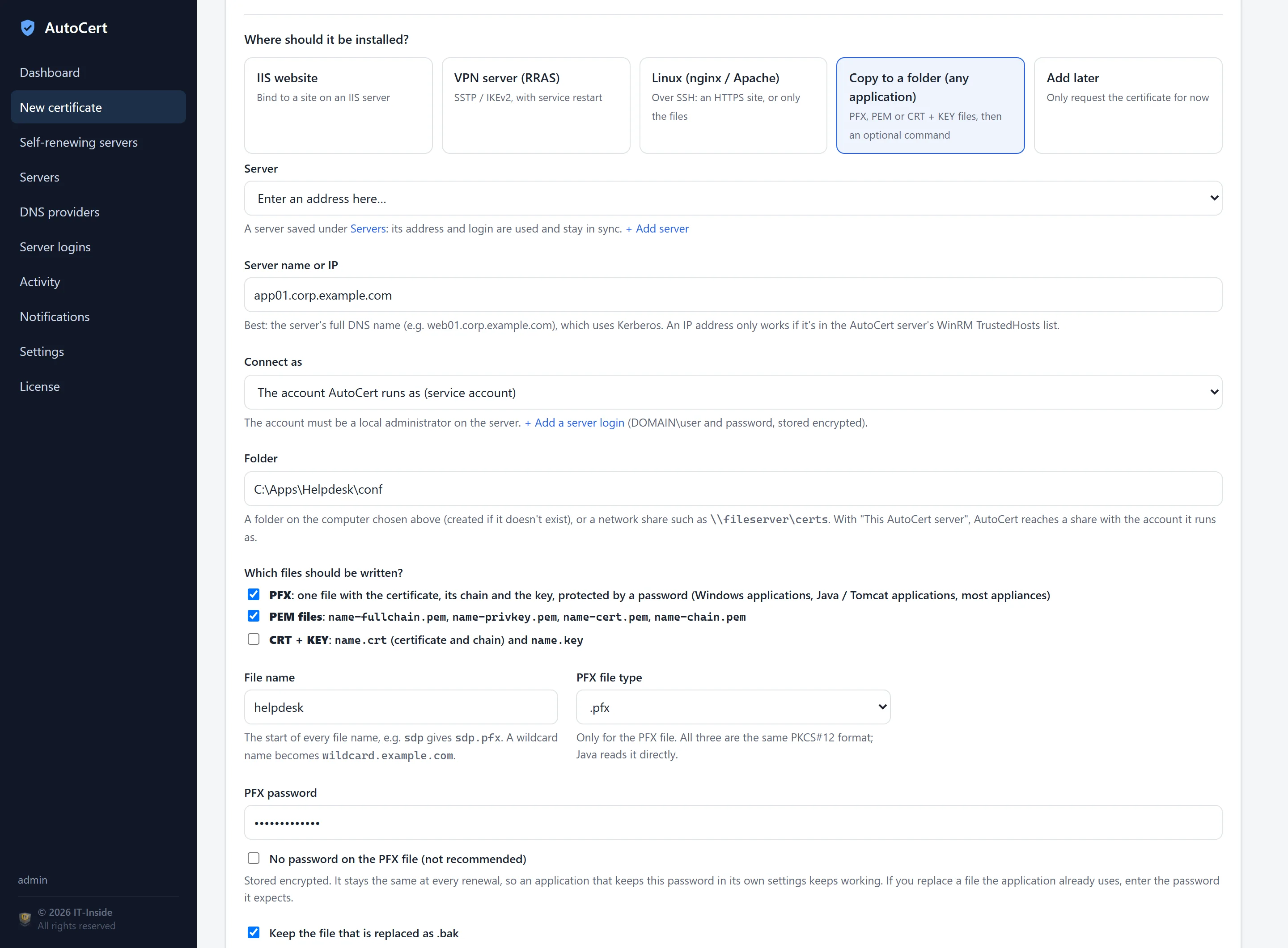 The New certificate wizard on the install step, with the choices IIS website, VPN server, Linux, Copy to a folder and Add later